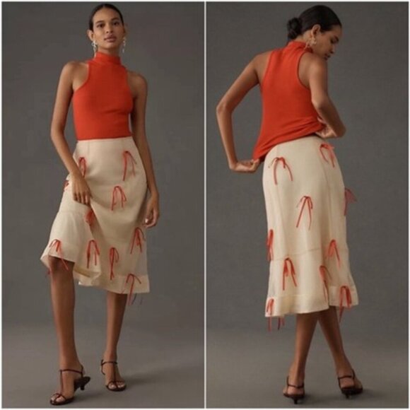 Maeve Dresses & Skirts - Maeve Ribbon Pencil Midi Skirt Cream Red Bows Ruffle Anthropologie 6